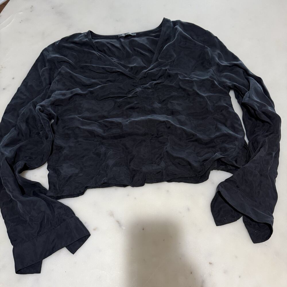 Madewell Women’s 10 V-neck Long Sleeve Shirt Top Black Ballet Cotton Viscose